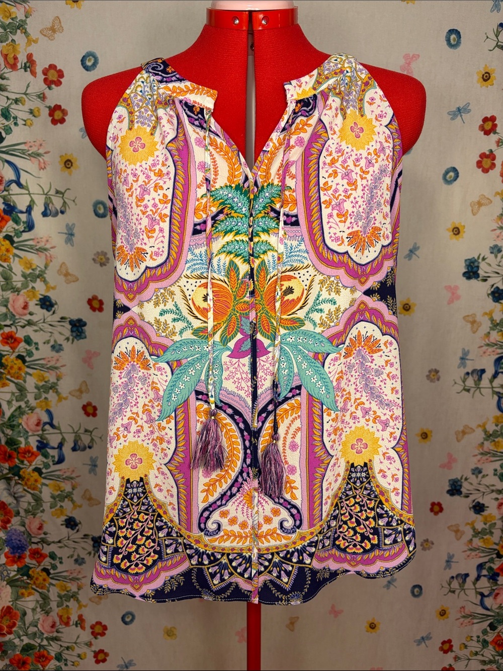 Rose & Olive - Multicolor Lavender Paisley Tie-Neck Camisole w/ Tassles Fun